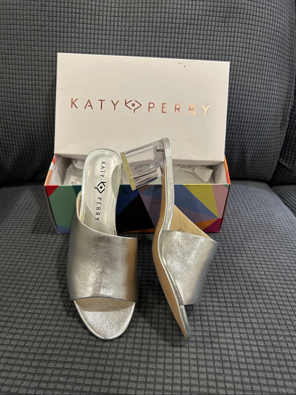 KATY PERRY Collections Metallic Silver Clear Block Heel Mules. Size 8